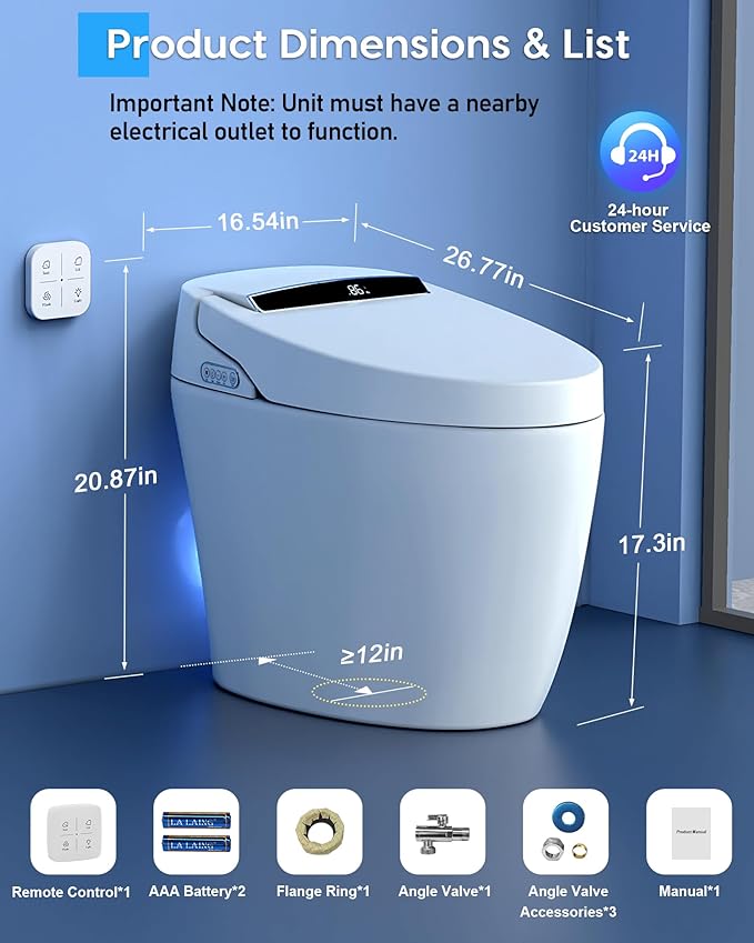 Glendan Smart Toilet Auto Flush: Auto Open Close Lid Seat - 3 Adjustable Heated One Piece Toilet for Bathrooms - Electric Modern Tankless Bidets with Night Lights Remote - Pre-Wetting Slow Close