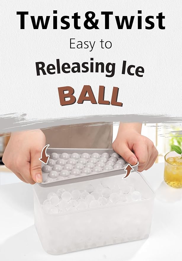 DOQAUS 4 Pack Round Ice Cube Trays with lid and Bin, Easy Pop Out Ice Trays for Freezer with Cover, Compact Circle Ice Cube Trays for Frezzer, Sphere Ice Cube Tray with Storage Ice Bucket Kits, Scoop