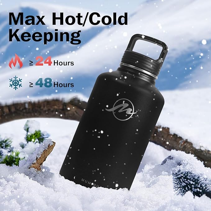 Insulated Water Bottle 64 oz with Straw Lid (3 Lids), Half Gallon Jug Flask, Large Metal Stainless Steel Bottle, 64 oz Double Wall Vacuum Sports Thermo Mug, Cold 48H Hot 24H (Black)