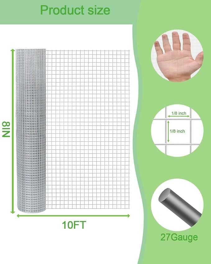 Hardware Cloth 8in x 10ft 1/8 Inch 27 Gauge, Hot-Dipped Galvanized Welded Wire Mesh, Low Carbon Steel, Animal Cage Wire Netting, Garden Wire Mesh
