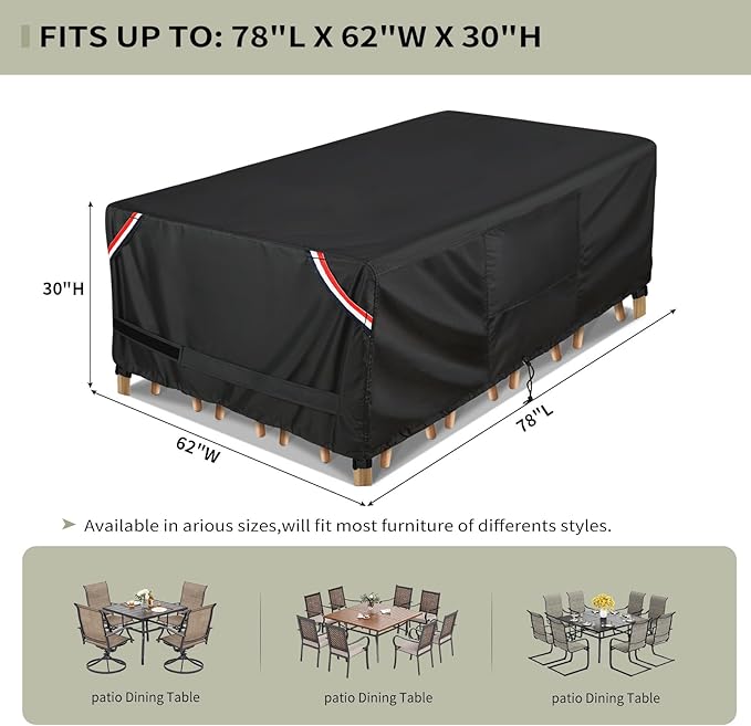 KylinLucky 600D Heavy Duty Rectangular Table Cover 78 x 62 inches - Waterproof Outdoor Dining Set Protector for Patio Furniture