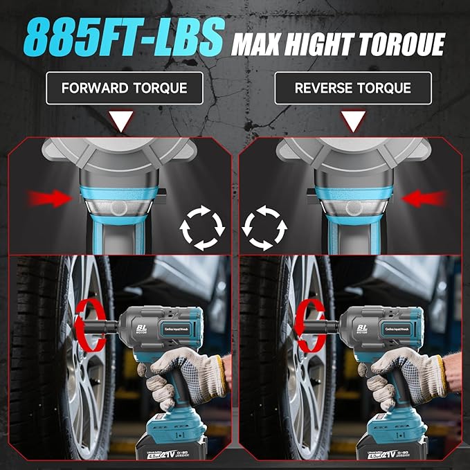 Cordless Impact Wrench, 1/2 Impact Gun with 2 * 4.0A Battery, Brushless Max Torque 885ft-Lbs (1200N.m) Electric Power Impact Driver with Charger & 6 Sockets for Car/DIY Furniture/Lawn Mower