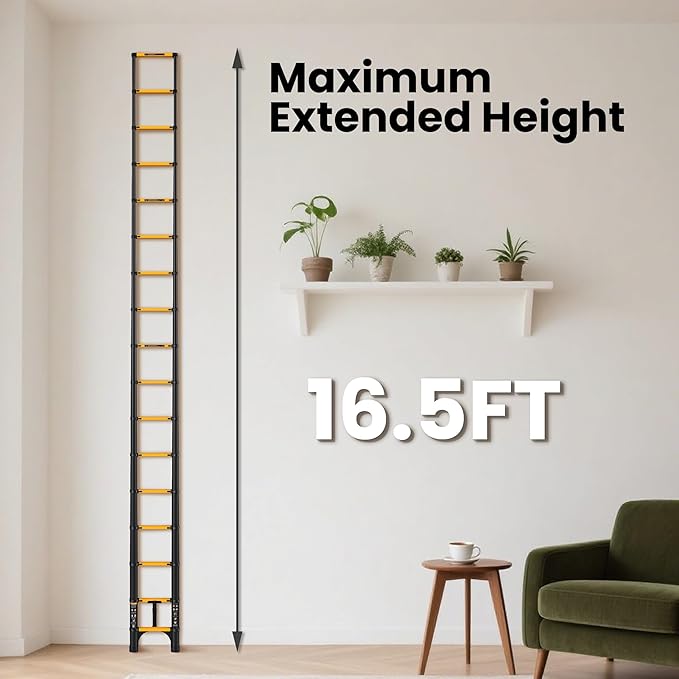 16.5 FT Telescoping Ladder with 11.8" Step Spacing, ANSI Certified, Type I Heavy Duty, 330lbs Max Capacity, Aluminum Extension Ladder for Home, Roof, RV; Yellow