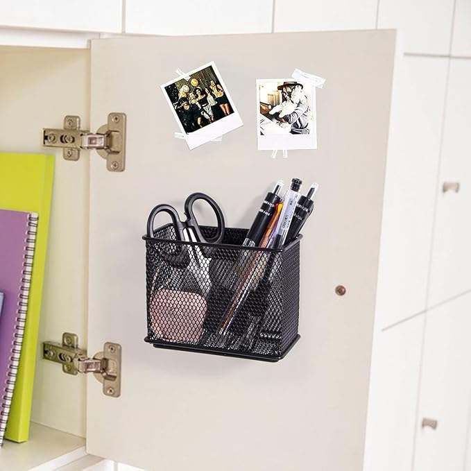 dedoot Magnetic Basket 2 Pack Magnetic Holder Locker Magnetic Pen Holder Magnetic Pencil Holder Strong for Whiteboard Marker, 4.7x2.3x3.7inch Black Mesh Magnetic Pen Holder for Refrigerator Fridge