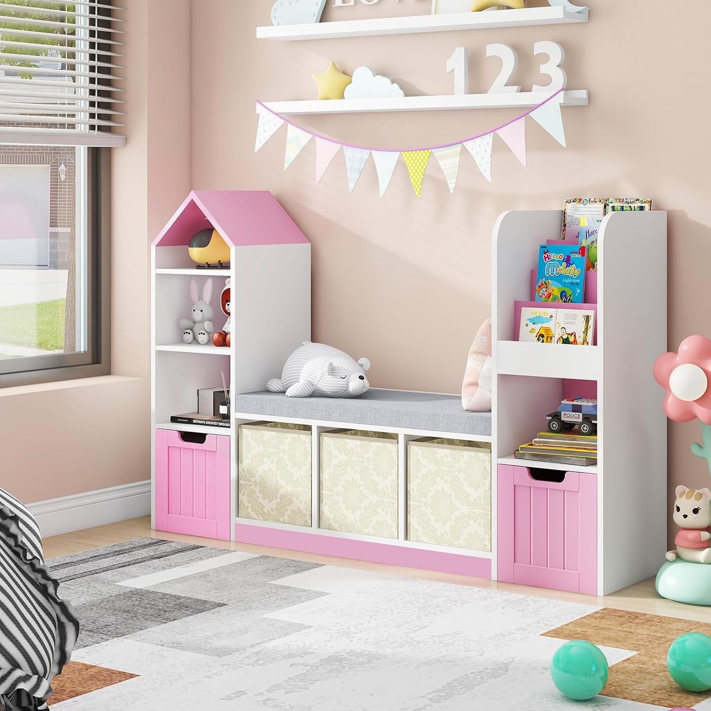 Toy Storage Organizer for Kids Bookshelf with Reading Nook, Multifunctional Kids Bookcase with 7 Storage Cubbies, 2 Movable Drawers and Seat Cushion for Keeping Kids' Toys Books Organized, Pink