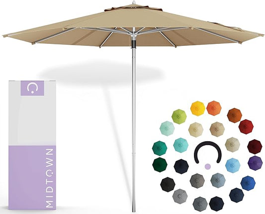 Midtown Umbrellas Push Pop Sunbrella Umbrella 8 Feet Outdoor Umbrella in Heather Tan Acrylic Fabric - Patio, Backyard, Garden, Picnic Table & Pool - Black Pole