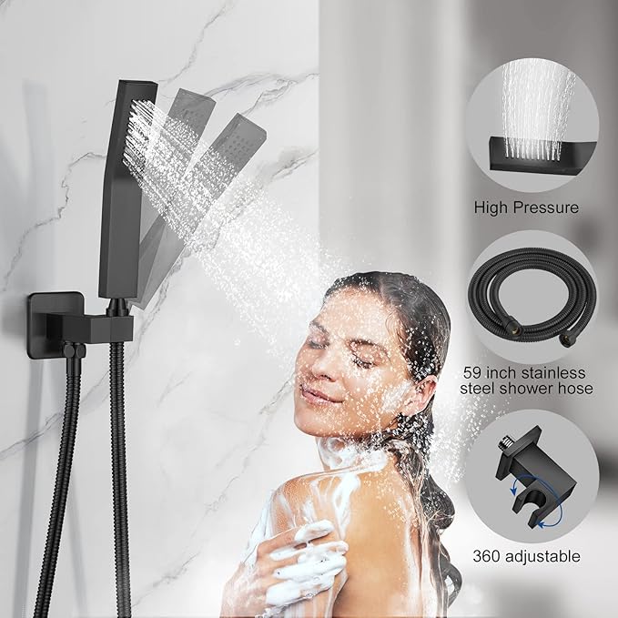 JOMEOO® 12 Inch Matte Black Shower System, Wall Mounted High Pressure Rain Shower Head with Handheld Sprayer, Bathroom Luxury Black Shower Head Shower Faucet Set Rough in Valve Body and Trim