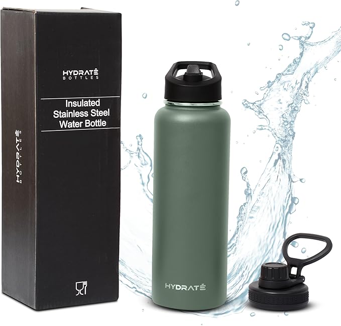HYDRATE Insulated Stainless Steel Water Bottle - Large Reusable Flask with Leak-Proof Design and Convenient Handle - Double Vacuum Insulation for School, Work, or Adventure