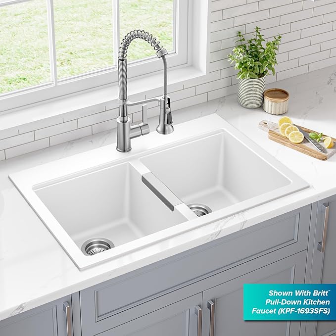 KRAUS Quarza 33-inch Granite Drop-In/Undermount 50/50 Double Bowl White Kitchen Sink, KGD-433BWHITE