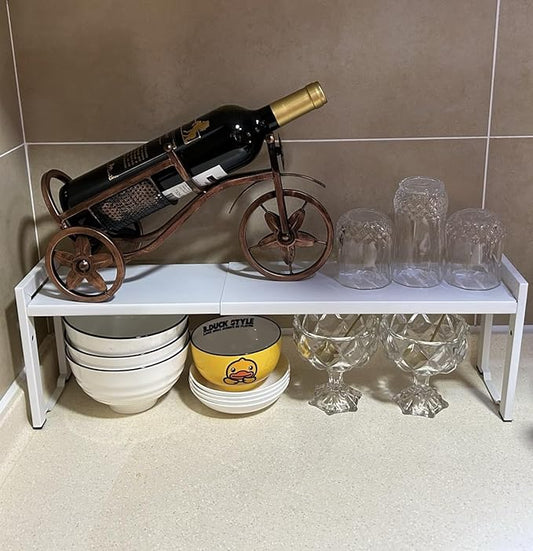 Expandable Cabinet Shelf Organizer 16-26" L Stackable Kitchen Counter Shelf Rack Stand Sink Riser Countertop Storage White (Narrow 5.1”D)