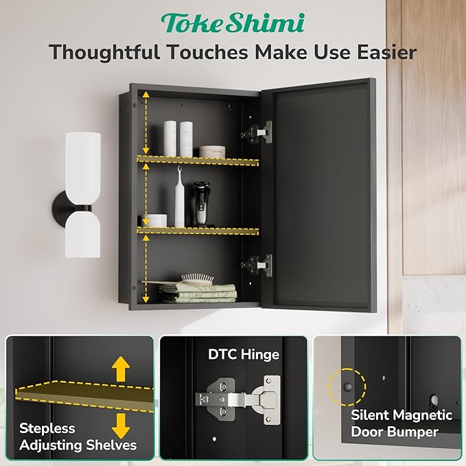 TokeShimi 26x30 Recessed Medicine Cabinet with Mirror Wall Mounted, Metal Beveled Mirror with Storage for Bathroom Vanity, Aluminum Alloy Medicine Cabinet Mirrored Black
