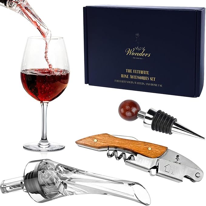 Wine Accessories Set, Featuring 3 in-1 Multifunctional Waiters Corkscrew Bottle Opener, Wine Aerator Pourer Spout & Decanter, Air-Tight Wine Stopper.