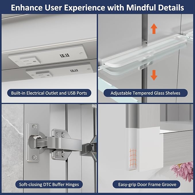 24"×32" Medicine Cabinet with Mirror and Lights, Surface or Recessed LED Bathroom Mirror Cabinet with Outlet & USB Ports, Defogger, Dimmer, Memory Function, Clock & Temp, Door Right Open