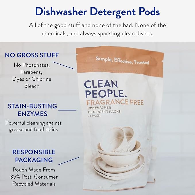 The Clean People Dishwasher Pods - Cuts Grease & Rinses Sparkling Clean - Residue-Free - Phosphate Free Dishwashing Pods (60 Count, Fragrance Free)