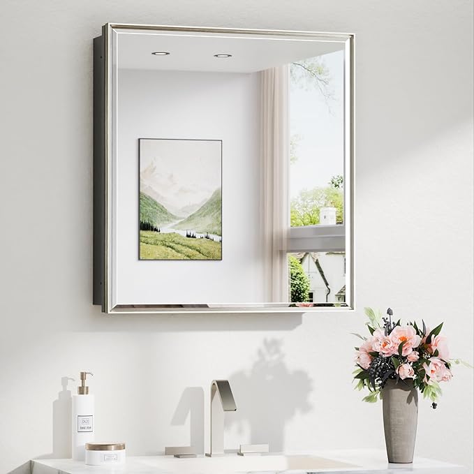 TokeShimi 24x26 Beveled Mirror Medicine Cabinet Recessed, Aluminum Framed Metal Brushed Nickel Medicine Cabinet with Mirrored, Bathroom Mirror with Adjustable Storage and Quiet Hinge