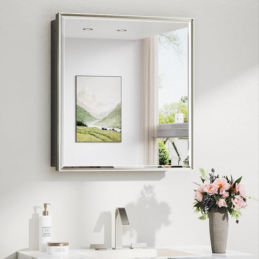 TokeShimi 24x26 Beveled Mirror Medicine Cabinet Recessed, Aluminum Framed Metal Brushed Nickel Medicine Cabinet with Mirrored, Bathroom Mirror with Adjustable Storage and Quiet Hinge