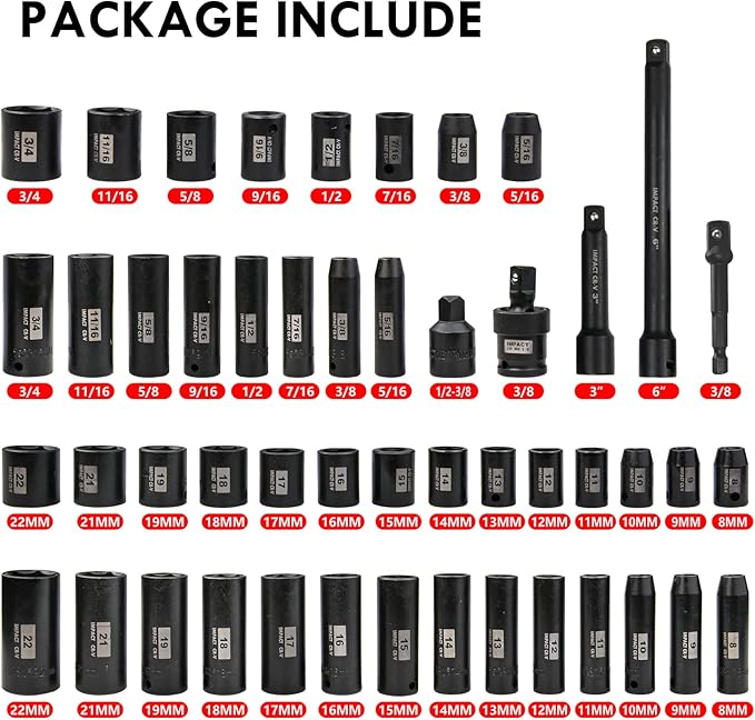 SEKETMAN 3/8-Inch Drive Impact Socket Set,49 Pieces,SAE/Metric,Deep/Shallow,(5/16"-3/4",8mm-22mm),6 Point,CR-V Steel,Includes Extension Bar,Adapter and Universal Joint