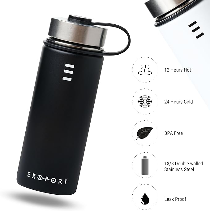Stainless Steel Water Bottle - 18 Oz Water Bottle with Straw Lid, Coffee Lid, and Wide Mouth Lid - Double Insulated Water Bottle - Metal Water Bottle - Hot and Cold Insulated Thermos - (Black)