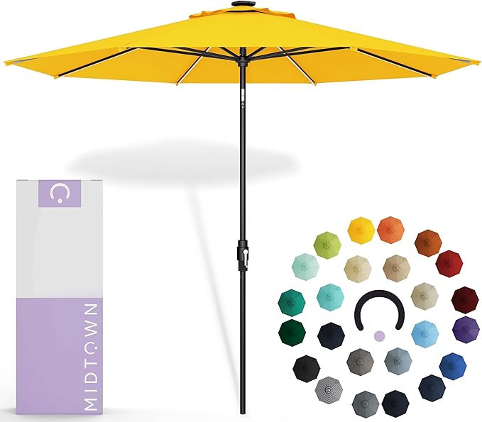 Midtown Umbrellas The LED Swilt 10 Feet Patio Umbrella With Sunbrella Yellow Acrylic Fabric - Auto-Tilt Aluminum Frame With LED Lights For Backyard, Deck, Garden, Pool - Black Pole