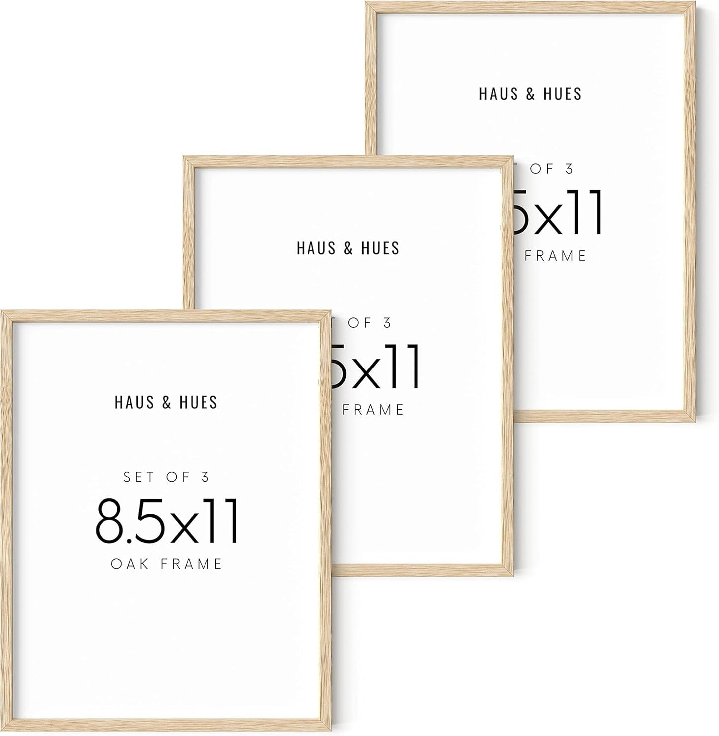 HAUS AND HUES Set of 3 Pennsylvania Oak Wood Picture Frames, 8.5x11 in, Beige, Minimalist Style, Shatterproof Plexiglass, Wall Mount, 3 Count