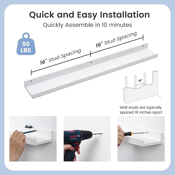 Picture Ledge Shelf for Wall, 36 inches Solid Pine Wood Nursery Book Shelves 3 Packs, Floating Ledge Shelves for Kids' Room Bedroom Bathroom Living Room Photo Frames Office Nursey Wall Decor, White