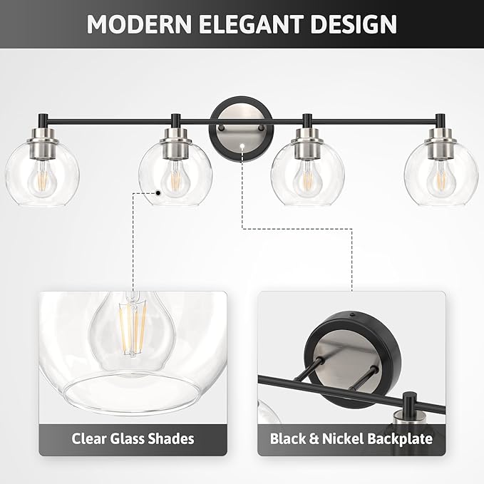 VONLUCE Bathroom Light Fixtures, 4-Light Vanity Light with Globe Glass Shades E26 Sockets, Bathroom Lights Over Mirror for Bedroom Hallway Living Room, Black & Nickel Finish