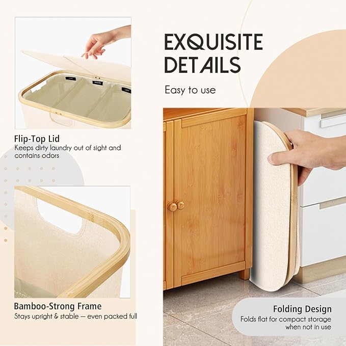 160L Laundry Sorter Hamper with Lid, 3 Section Extra Large Dirty Clothes Basket with Handles, 3 Removable Liner Bags & Labels, Beige