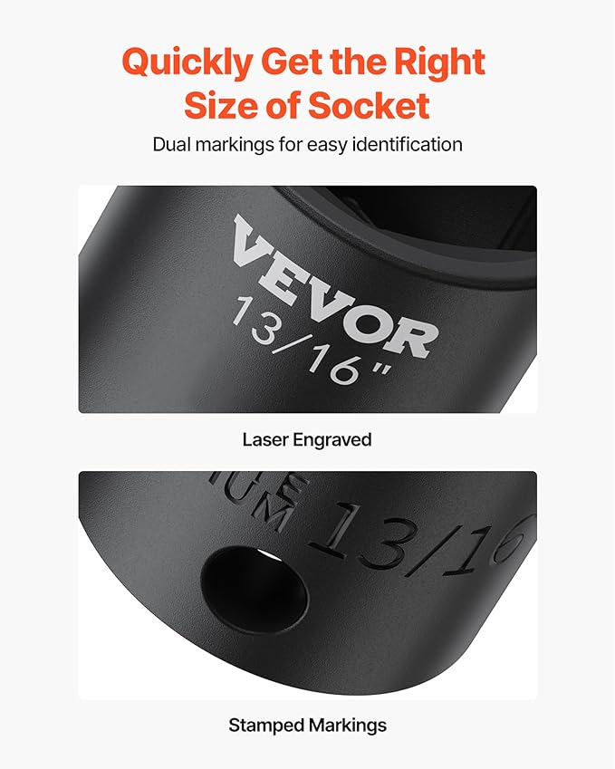 VEVOR Impact Socket Set 1/2 Inches 19 Piece Impact Sockets, 1/2 Inches Drive Socket Set Impact 6-point Hex Sockets Standard SAE (3/8 Inches to 1-1/2 Inches) Standard Socket Assortment