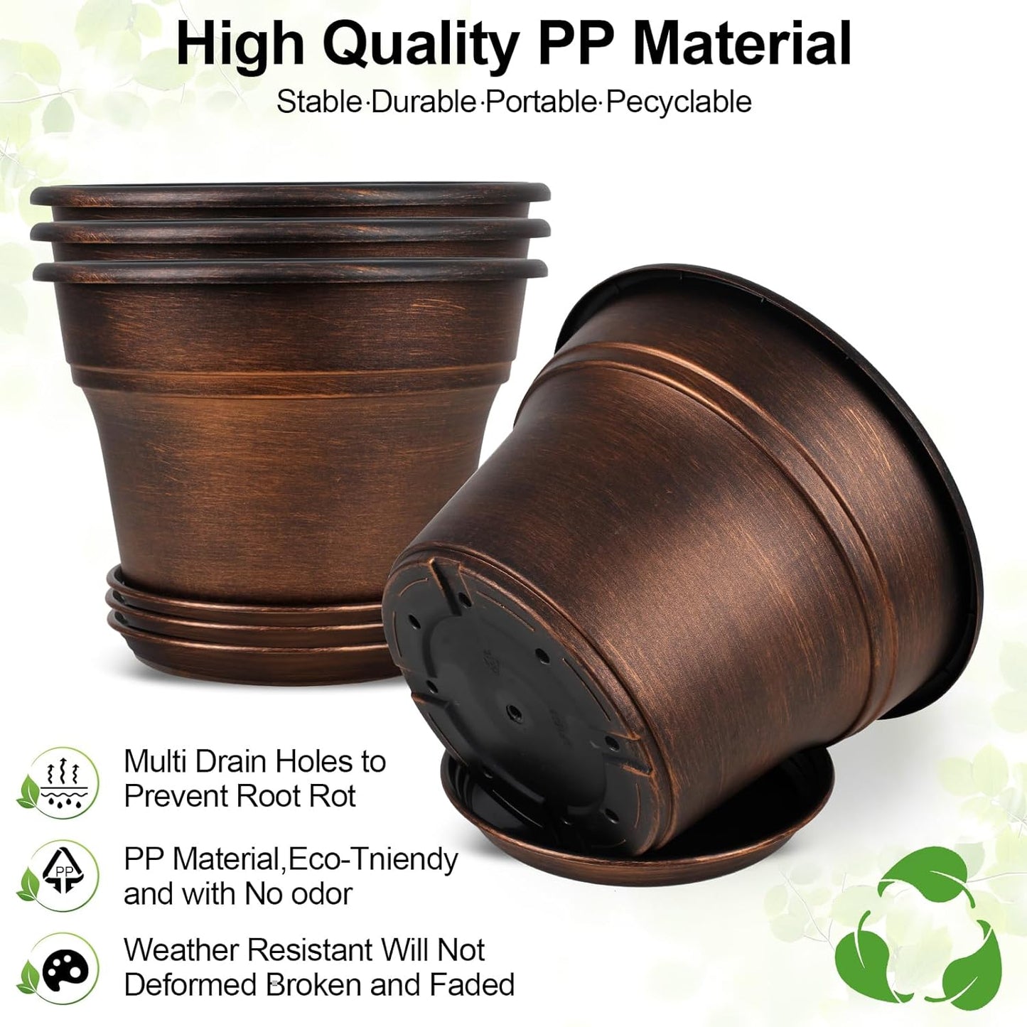 Plant Planters Pots Set of 4 Pack 8 Inch, Plastic Flower Pot for Indoor Plants with Drainage Holes & Trays, Resin Decorative Container Sets with Saucer for House Outdoor Garden Planters Copper