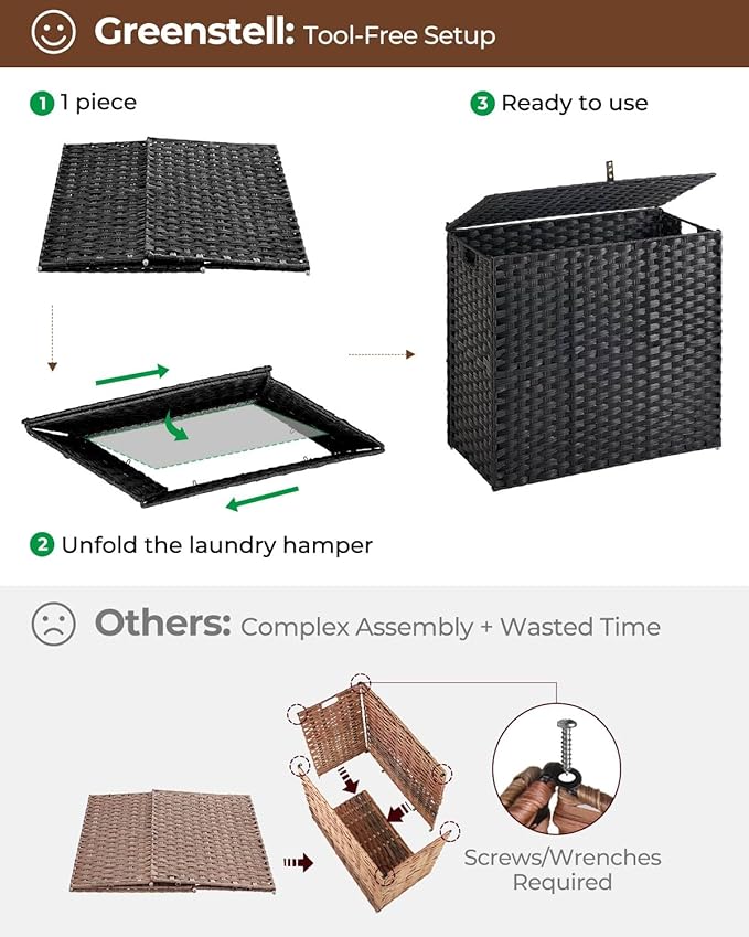 Greenstell Laundry Hamper with lid, No Install Needed, 130L Wicker Laundry Baskets Foldable 2 Removable Liner Bags, 2 Section Clothes Hamper Handwoven Rattan Laundry Basket with Handles, Black