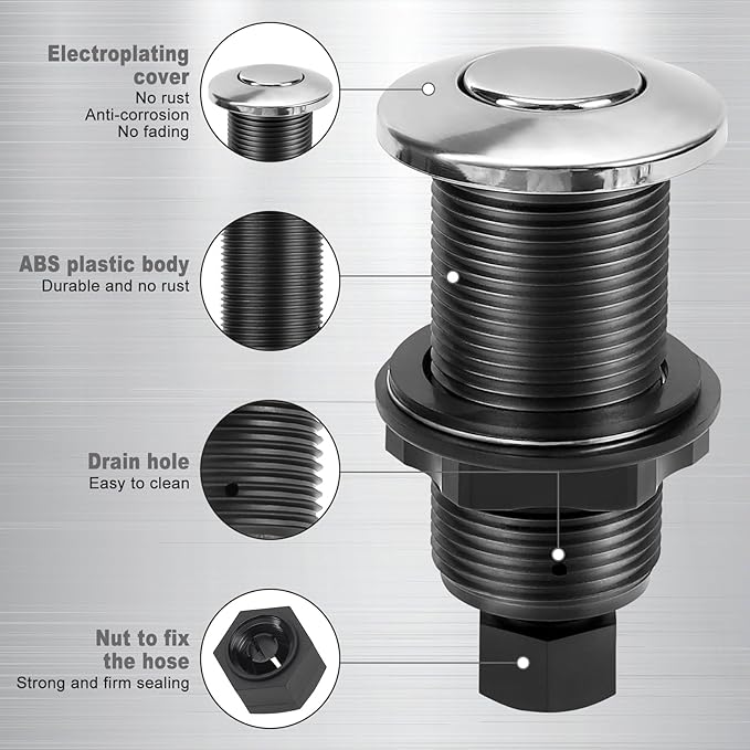 Garbage Disposal Air Switch Kit, Garbage Disposal Button Brushed Nickel, Sink Top Waste Disposer On/Off Switch, UL Listed Air Switch Compatible with All Garbage Disposals (Chrome Silver)