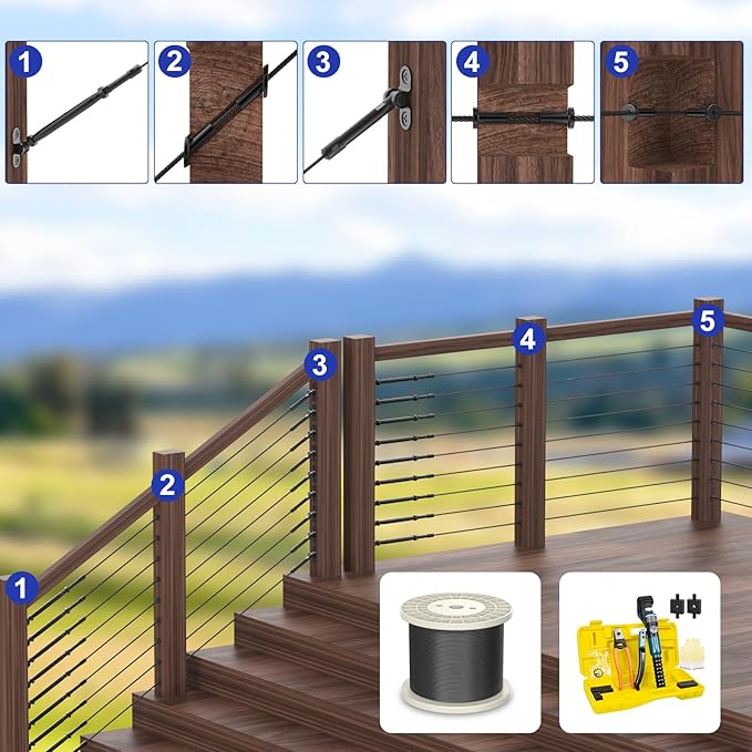 BLIKA 1/8" Black Stainless Steel Cable with Cutter, T316 Marine Grade, Stainless Steel Wire Rope 7x7 Strand Construction, 1850lbs Breaking Strength Aircraft Cable for Deck Railing