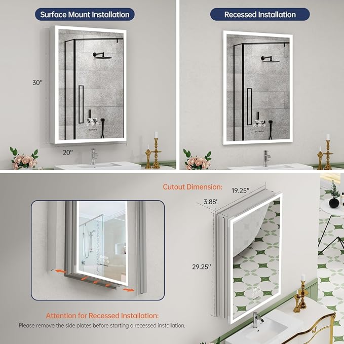 Medicine Cabinet With Lights, 2030 Inch Surface or Recessed Bathroom Mirror, Clock & Room Temp Display, Defogger, LED Dimmable 3 Color Lights, Left Hinge