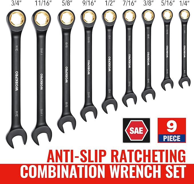 WORKPRO 9-Piece Anti-Slip Ratcheting Combination Wrench Set, SAE 1/4"-3/4", 72-Teeth, Cr-V Constructed, Black Ratchet Wrenches Set with Roll Up Pouch