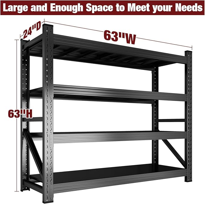 63” W 3000LBS Storage Shelves 4 Tier Garage Shelving, Heavy Duty Adjustable Metal Shelves Unit, Easy Assembly Stable Shelving for Industrial, Warehouse, Basement, 63"W x 24"D x 63"H, Black