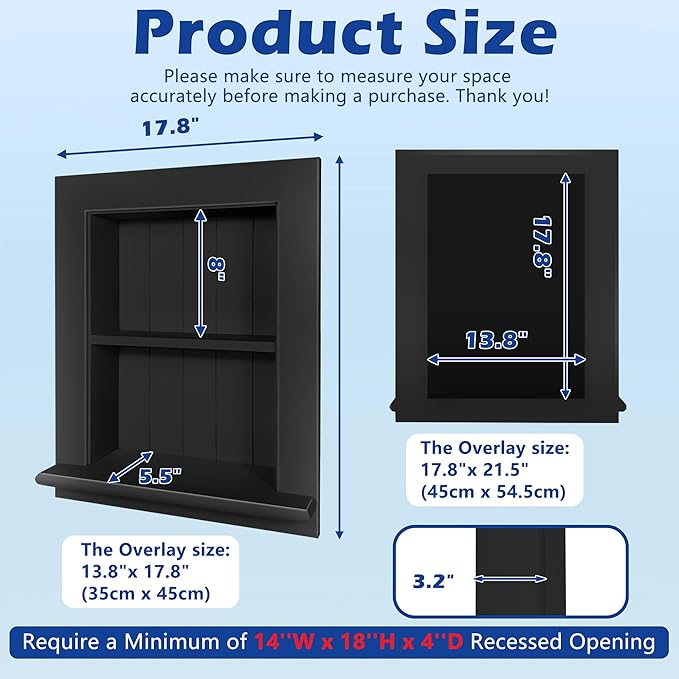 Royxen Bathroom Wall Cabinet with 2-Tier Shelves,Wooden Recessed Medicine Cabinet Over Toilet Storage Cabinet,Bathroom Cabinet Wall Mount for Home Storage, 14 x 18 Inch, Black