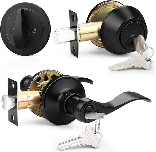 Probrico Front Door Handle and Deadbolt Set, Black Exterior Door Handle with Deadbolt Lock, Wave Reversible Door Lever Lock Set, 1Pack