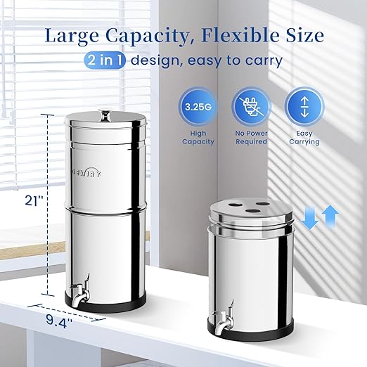 3.25G Gravity-Fed Water Filter System, NSF/ANSI Standard, 304 Stainless Steel System with 3 Carbon Filters, 3 Fluoride Filters and Stand, Reduce 99% Chlorine, Lead and Fluoride