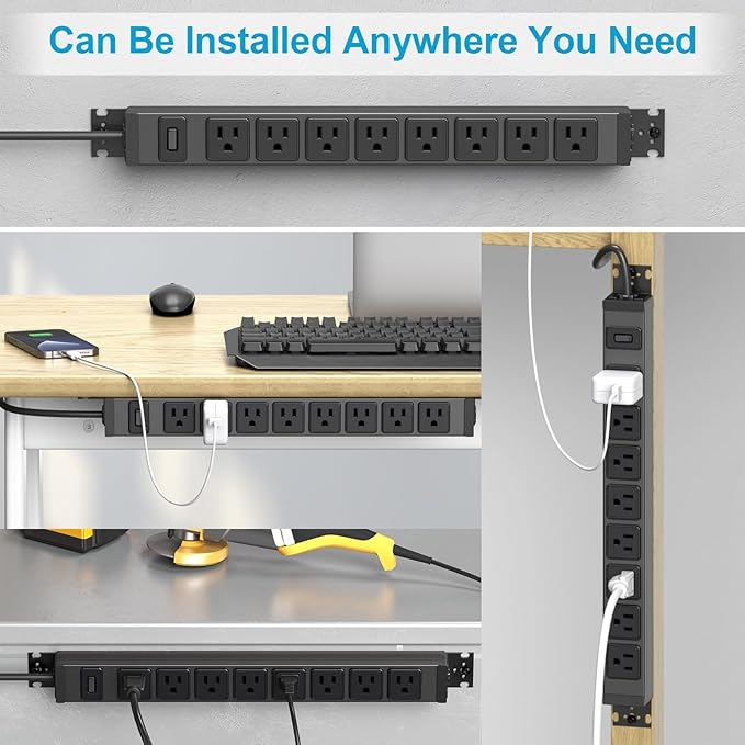 HHSOET 2 Pack Metal 360° Rotating Mountable Power Strip, 8 Outlet Gaming Table Mounted Outlet Strip, Heavy Duty Wall Mount Surge Protector with Switch, 15A 125V 1875W, 3ft Power Cord.(Black)