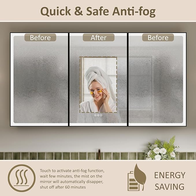 60x32 Inch Medicine Cabinet with Lights, Aluminum Frame, LED Lighted, Anti-Fog, Adjustable Shelves, Dimmable Lighting, Outlets & USB, Recessed or Surface Mount, ETL Listed, Black Rim