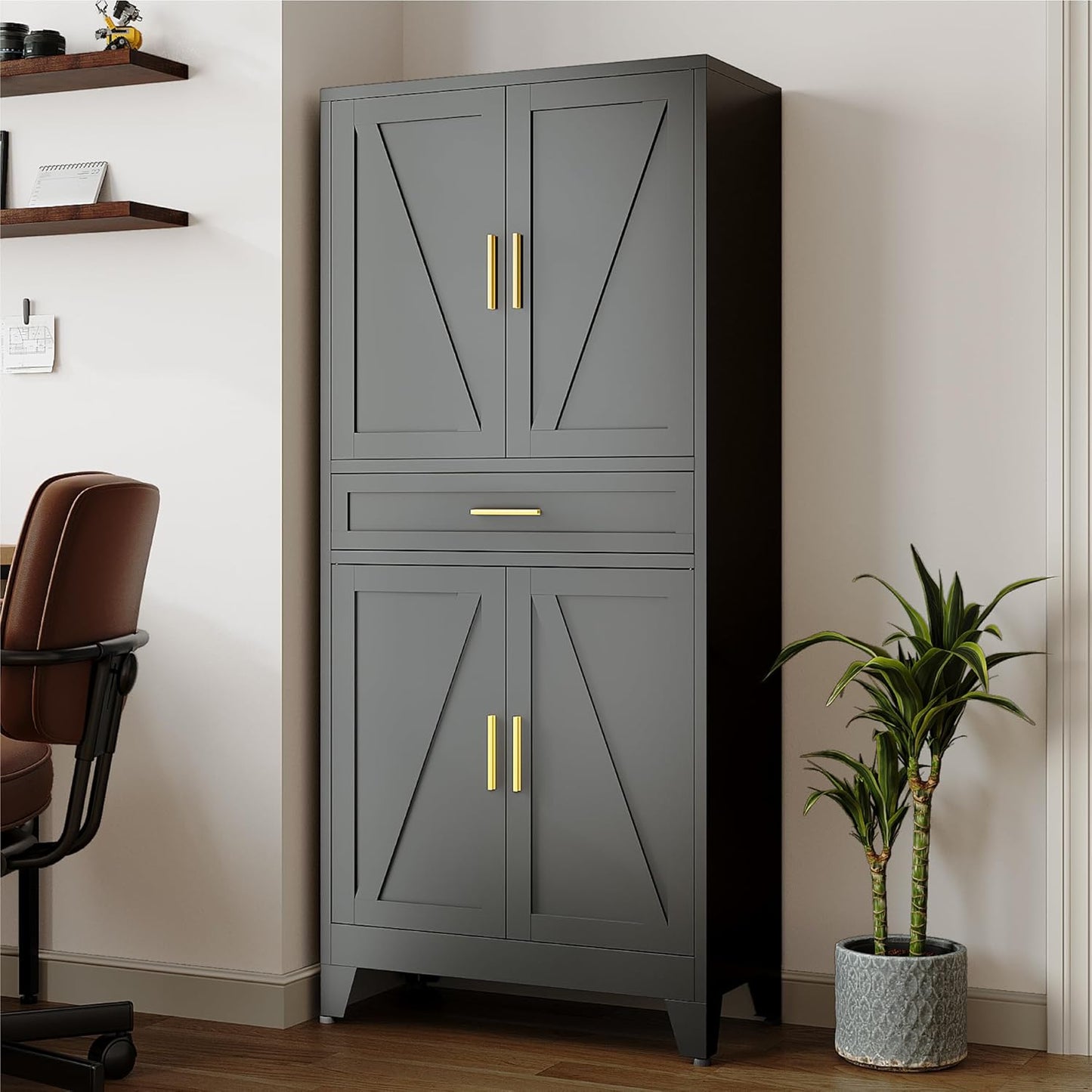 71 "Farmhouse Metal Filing Cabinet with a Drawer and 4 Adjustable Shelves, with 4 Large barn Door White Kitchen Cabinets, Metal Food Cabinets for Home, Kitchen, Dining/Living Room (Black)