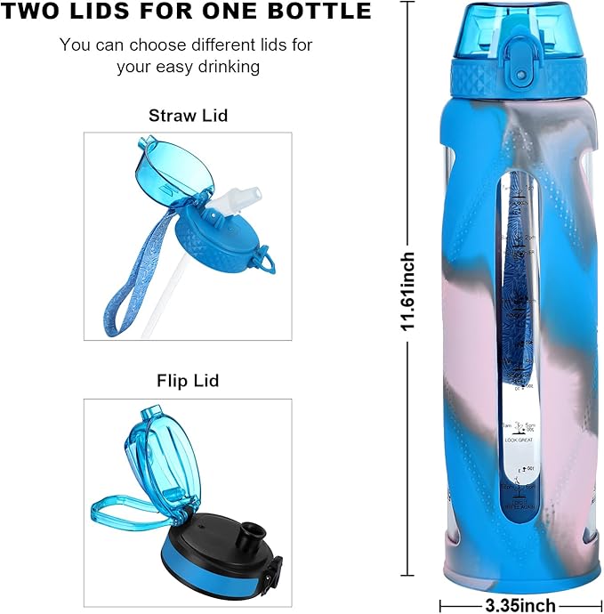 Glass Water Bottles with Straw and Flip Lid, Motivational Water Bottles with Time Marker Reminder and Silicone Sleeve, Leakproof, BPA Free (32 oz, Blue Grey & Pink)