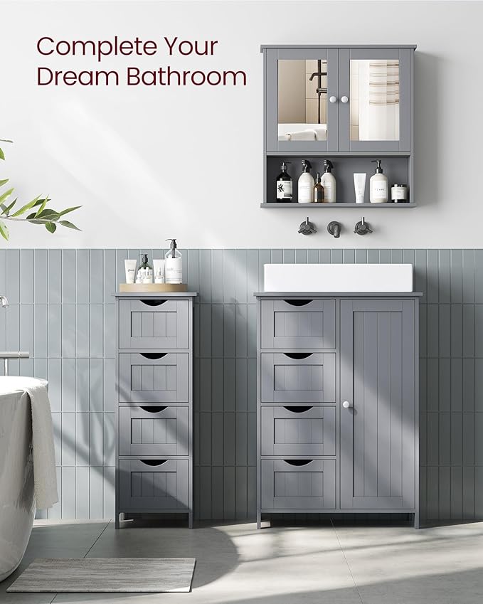 VASAGLE Bathroom Cabinet with Mirror, Wall Cabinet with 2 Mirrored Doors, Adjustable Shelf, Open Compartment, Wall-Mounted, 5.1 x 22.2 x 23 Inches, Dove Gray ULHC002G02