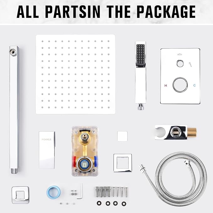 10 Inch Rainfall Shower System - Wall Mounted Complete Combo with Solid Brass Pressure Balancing Valve, High Pressure Shower Head, Handle Set & Installation Accessories Chrome