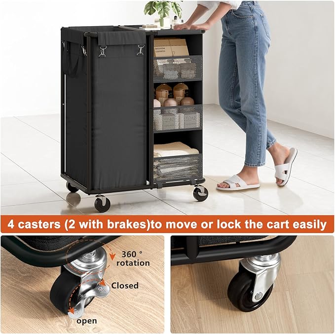 WOWLIVE Laundry Sorter with Wheels 100L Rolling Laundry Hamper with Hanging and Removable Bag Laundry Cart with Steel Frame and Storage Unit Large Basket Organizer for Dorm Room, Bathroom (Black)