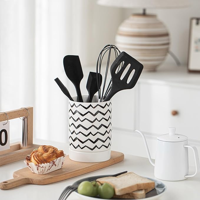 Small Utensil Holder for Kitchen Counter 4.1 x 6 Inches Ceramic Cooking Utensil Crocks Countertop Organizer Vintage Farmhouse Kitchen Decor Caddy,Ripple