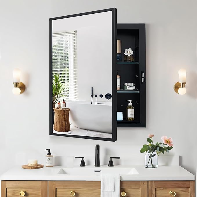 Recessed Medicine Cabinets with Mirror, Black Bathroom Mirror with Storage, Rectangle Medicine Cabinet Vanity Mirrors, Farmhouse Metal Framed Wall Mirror Recessed or Surface Mount, 18x24 Inch