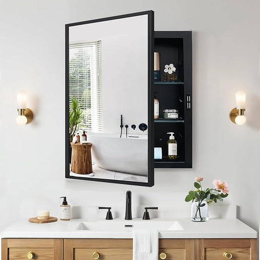 Recessed Medicine Cabinets with Mirror, Black Bathroom Mirror with Storage, Rectangle Medicine Cabinet Vanity Mirrors, Farmhouse Metal Framed Wall Mirror Recessed or Surface Mount, 18x24 Inch