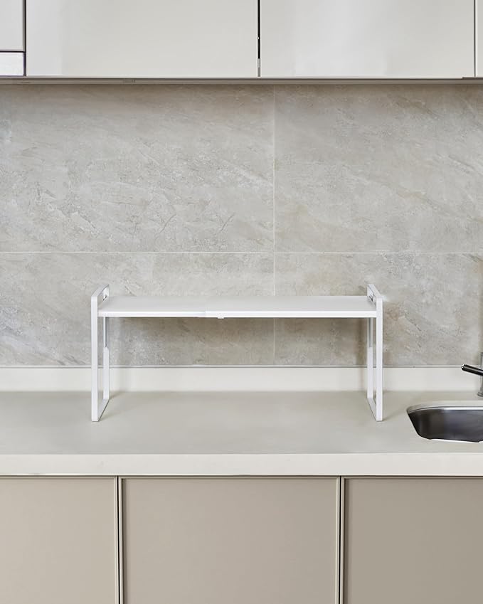 Nxconsu Cabinet Shelf Expandable Height Adjustable Shelf Organizer Riser for Kitchen Cabinet Pantry Cupboard Under Sink Countertop Organization Storage Space Saver Stackable Heavy Duty Metal White XL