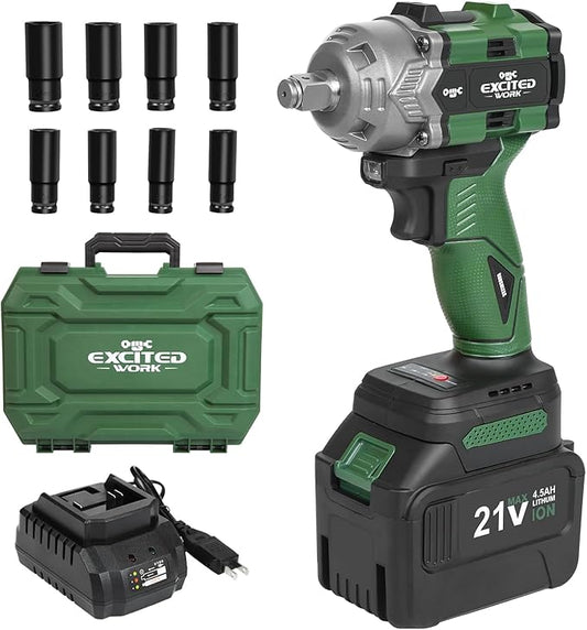 Brushless 1/2 Inch 20V Impact Wrench Kit, 600Nm Brushless Power Impact Gun with 4.5Ah Battery, Fast Charger and Tool Box
